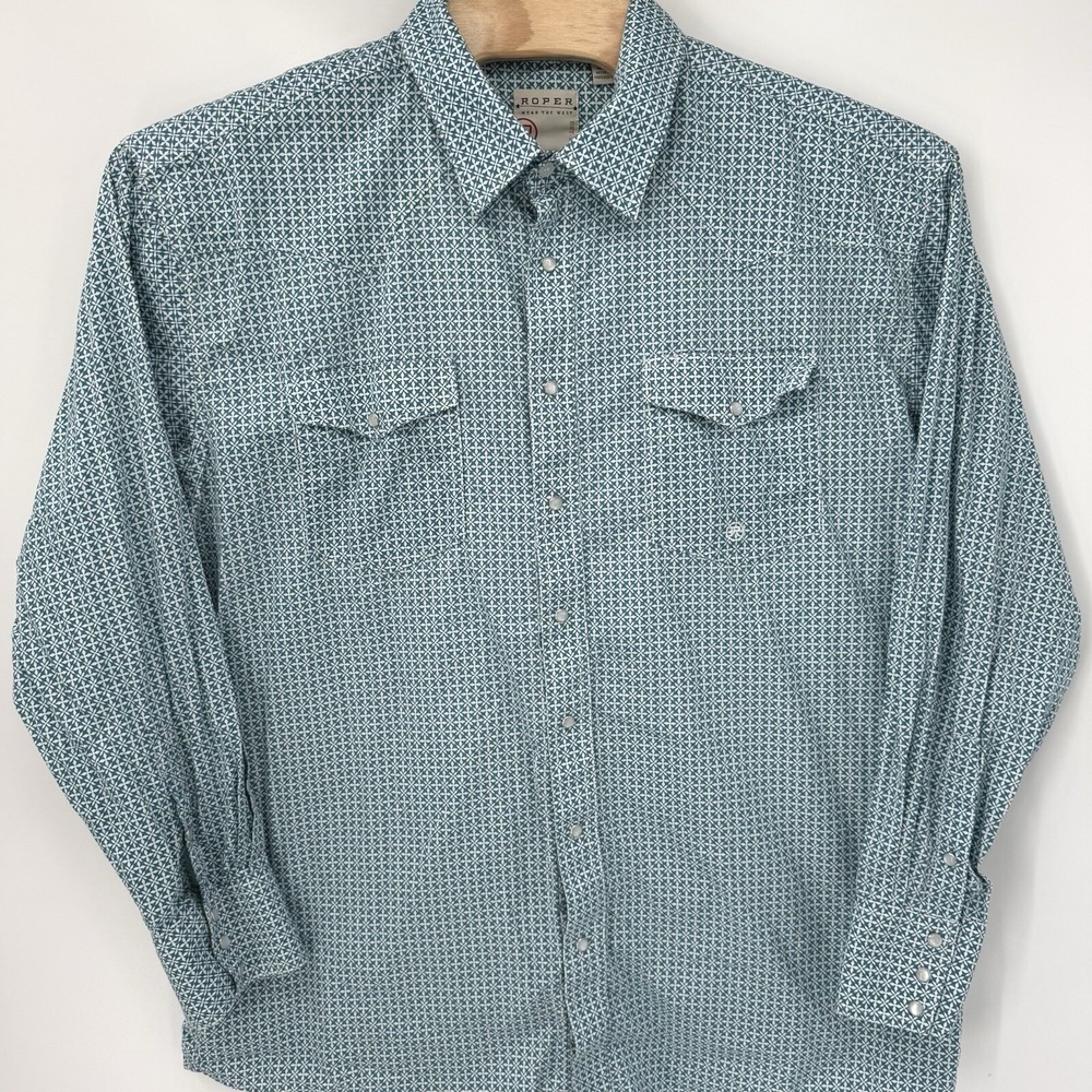 Roper Western Shirt Mens 2XL Teal Geometric Pearl Snap Long Sleeve Cowboy